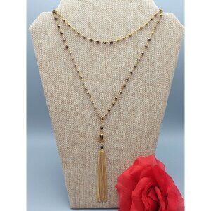 Dainty Gold Tone Faceted Brown Bead Double Strand Necklace Tassel Pendant 26"